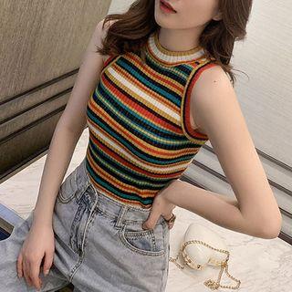 Sleeveless Striped Crew-neck Off-shoulder Tank Top