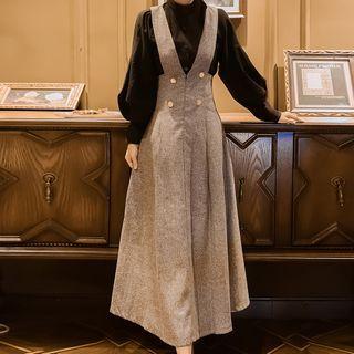 Set: Puff-sleeve Blouse + Maxi Pinafore Dress