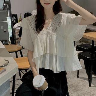 V-neck Lace-trim Chiffon Blouse Almond - One Size