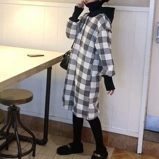 Mock Two-piece Plaid Turtleneck Midi Hoodie Dress