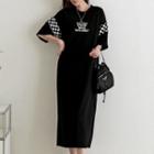 Letter Checkered-trim Long T-shirt Dress