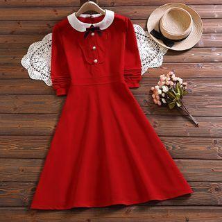 Long-sleeve Peter Pan Collar Bow Accent A-line Dress