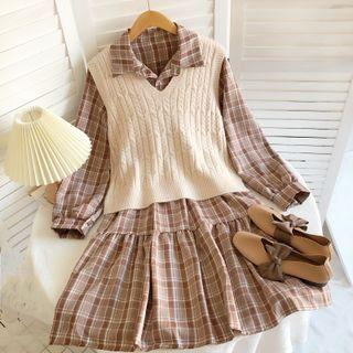 Set: Plaid Shirtdress + Ribbed Sweater Vest