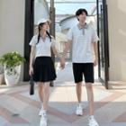 Couple Matching Striped Polo Shirt / Mini A-line Skirt / Shorts / Set (various Designs)