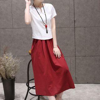 Set: Plain Short-sleeve T-shirt + A-line Midi Skirt