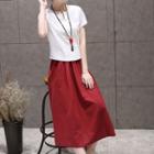 Set: Plain Short-sleeve T-shirt + A-line Midi Skirt