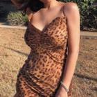 Spaghetti Strap Leopard Print Slit Maxi Bodycon Dress