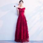 Embroidered Off-shoulder Sheath Evening Gown