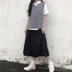 Elbow-sleeve Shirt / Gingham Vest / A-line Midi Skirt
