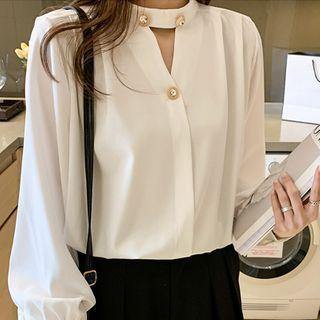 Long-sleeve Rhinestone Embellished Cutout Mock-neck Chiffon Blouse