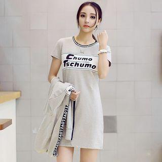 Set : Letter Hooded Jacket + Short-sleeve T-shirt Dress