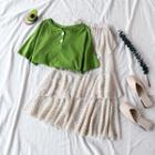 Short-sleeve Henley T-shirt / Dotted Midi A-line Layered Skirt