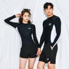 Couple Matching Set: Color Block Long-sleeve Rashguard + Swim Shorts