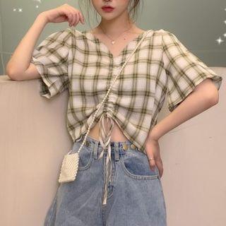 Drawstring Plaid V-neck Cropped Top