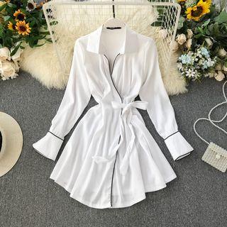 Contrast Trim Tie-waist Mini Shirtdress
