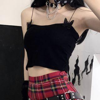 Butterfly Applique Sleeveless Cropped Top Black - One Size