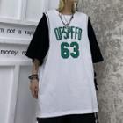 Mock Two-piece Short-sleeve Number Embroidered T-shirt
