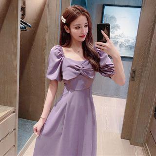 Puff-sleeve Twist-front A-line Midi Dress