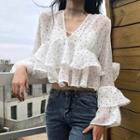 Frilled Dotted Long-sleeve Chiffon Top