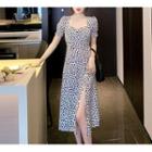 Short-sleeve Square-neck Print Midi A-line Dress