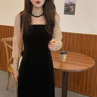 Puff-sleeve Dotted Paneled Midi A-line Dress Black - One Size