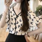 V-neck Butterfly Print Blouse