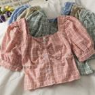 Square-neck Smocked Checker Crop Top In 5 Colors