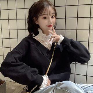 Mock-turtleneck Lace-cuff Pullover