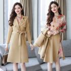 Set: Stand Collar Floral Dress + Notch Lapel Open-front Coat + Wrapped Skirt