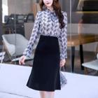 Long-sleeve Floral Chiffon Blouse / Mini A-line Skirt / Midi A-line Skirt / Set