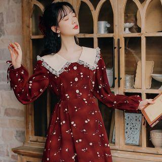 Floral Lace Ruffle Button-up A-line Dress