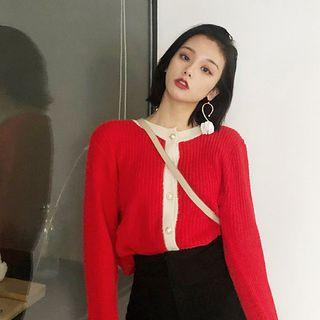 Round-neck Contrast-trim Cardigan Red - One Size