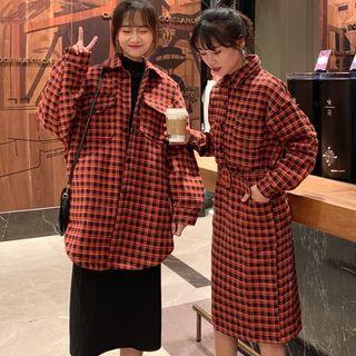 Long Sleeve Belt Waist Plaid Shirtdress / Oversized Shirt Jacket