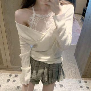 Cold-shoulder Knit Top / Lace Camisole / Plaid Pleated Skort