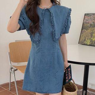 Puff-sleeve Collared Denim Mini A-line Dress