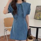 Puff-sleeve Collared Denim Mini A-line Dress