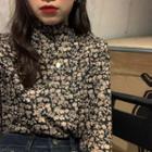 Long-sleeve Mock-neck Floral Print Top Floral - Black - One Size