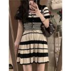 Short-sleeve Striped Slim-fit Knit Top / Striped Pleated Mini Skirt