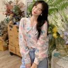 Long-sleeve Tie-waist Floral Cropped Blouse