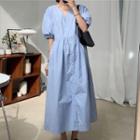 Elbow-sleeve Button Midi A-line Dress Blue - One Size