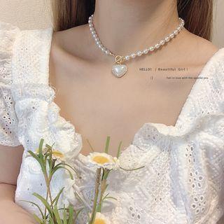 Heart Pendant Faux Pearl Choker G1849 - Gold - One Size