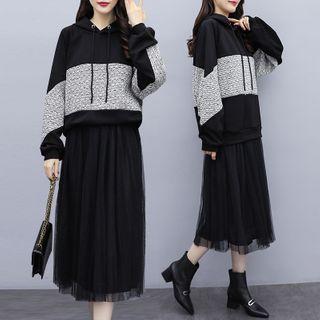 Set: Paneled Hoodie + Midi A-line Mesh Skirt