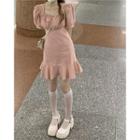 Short-sleeve Plain Square-neck Mini Skirt