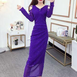 Long-sleeve Glittered Cold-shoulder Midi Dress