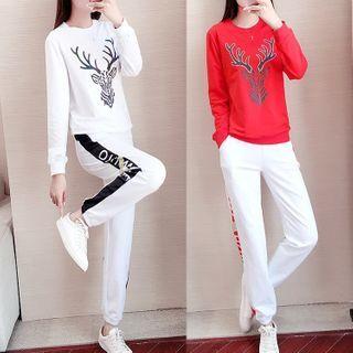 Set: Deer Print Pullover + Lettering Sweatpants