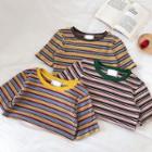 Color-block Striped Crewneck Knit Short-sleeve Top