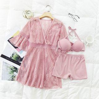 Set: Bikini Top + Shorts + Bell-sleeve Cover Up