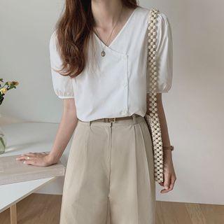 Puff-sleeve Asymmetrical Buttoned Blouse