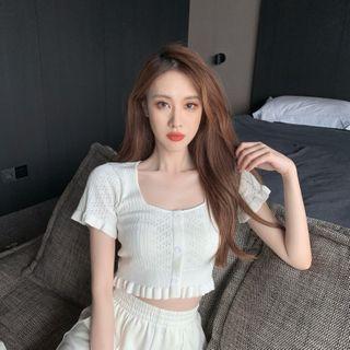 Square-neck Ruffle-trim Knit Cropped Top