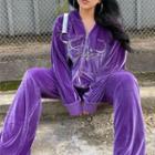 Set: Rhinestone Lettering Hooded Zip Jacket + Wide-leg Pants
